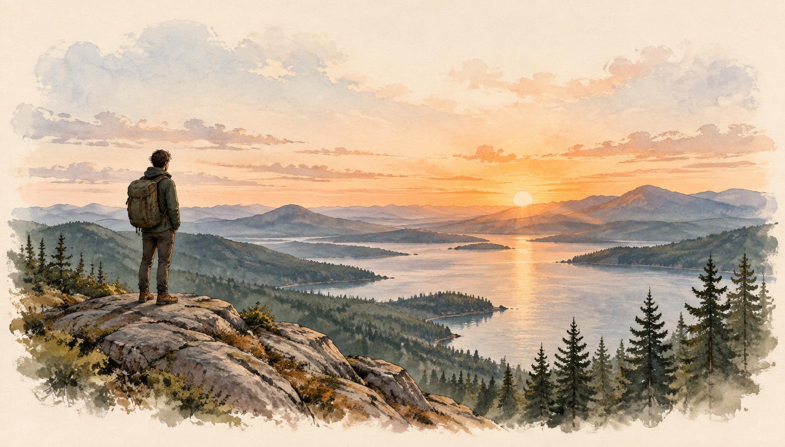 Watercolour illustration of a person with a backpack looking out over a lake valley at sunrise